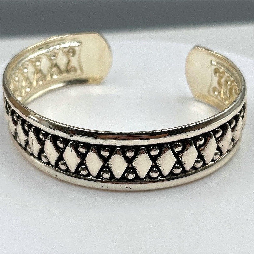 Vintage‎ Silver Tone Tribal Diamond Pattern Cuff Bangle Bracelet Jewelry Gift